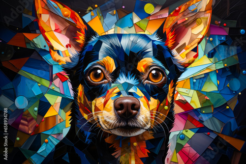 Close up of dog's face on colorful background.