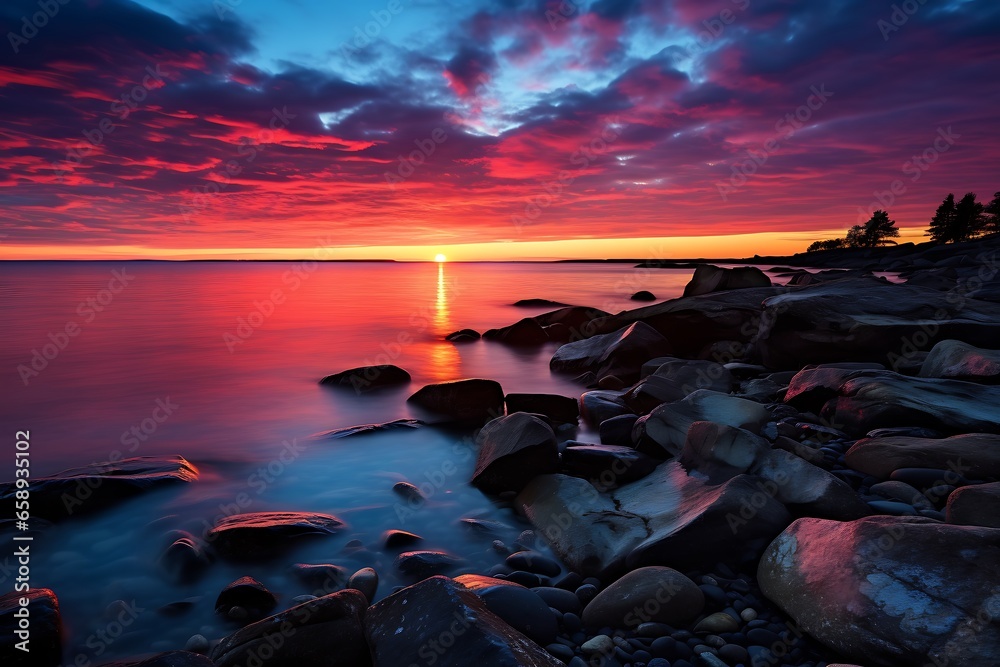 Colorful sunset over the Baltic Sea in Poland. Long exposure.