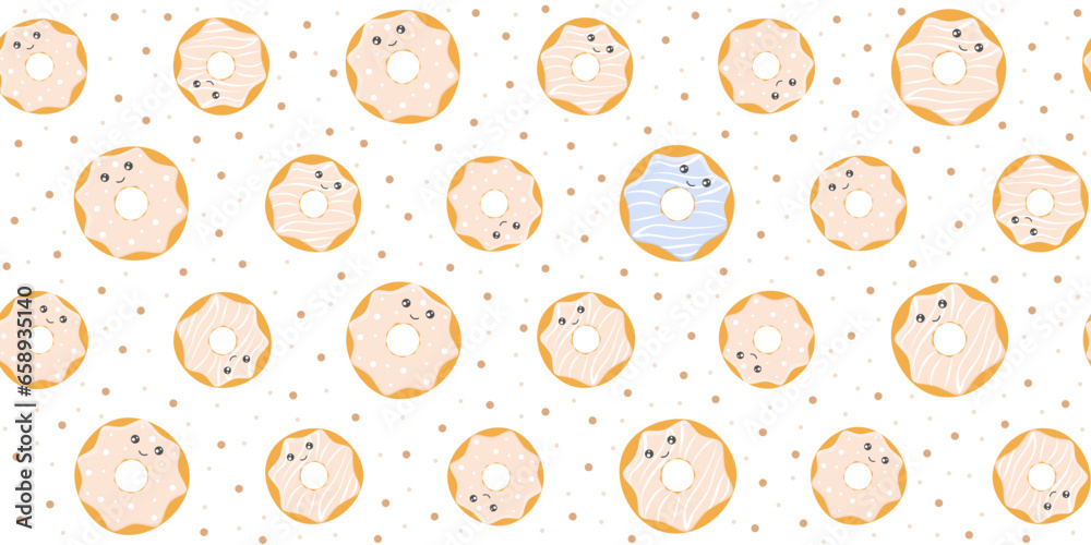 Cute glazed donuts with funny faces on a white background with a scattering of dots. Endless texture with kawaii dessert characters. Vector seamless pattern for wrapping paper, surface texture, print Cute glazed donuts with funny faces on a white background with a scattering of dots. Endless texture with kawaii dessert characters. Vector seamless pattern for wrapping paper, surface texture, print