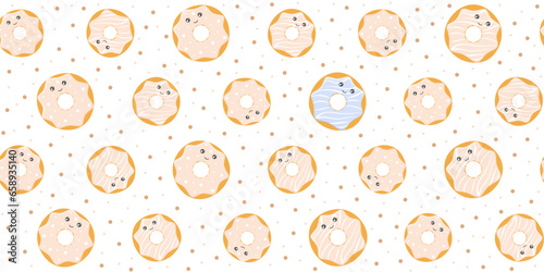 Fototapeta Naklejka Na Ścianę i Meble -  Cute glazed donuts with funny faces on a white background with a scattering of dots. Endless texture with kawaii dessert characters. Vector seamless pattern for wrapping paper, surface texture, print