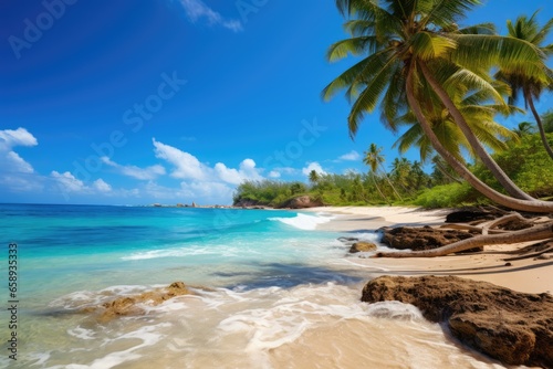 Beautiful beach Anse Intendance at Seychelles - nature background  Beautiful tropical Barbados island. View of the golden beach with palms and crystal clear water  AI Generated