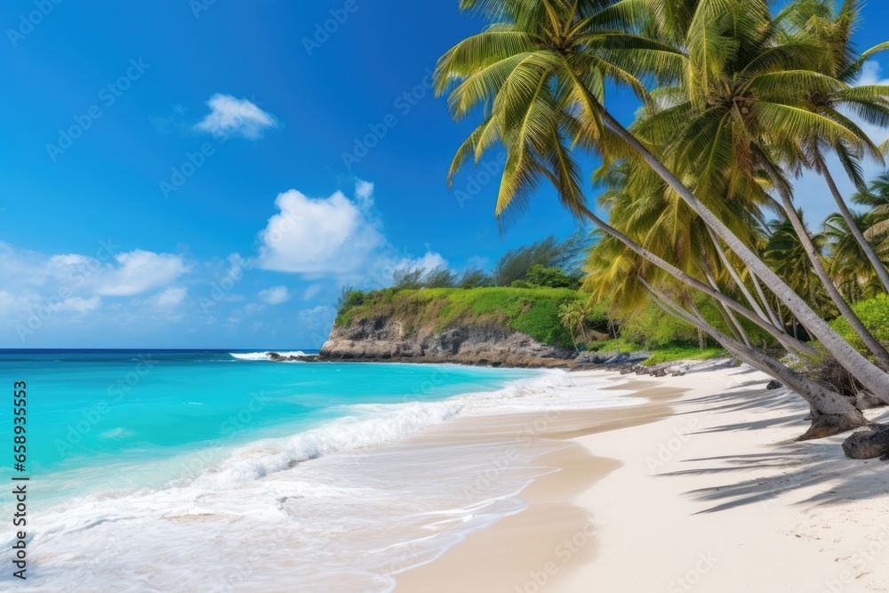 Obraz premium Beautiful beach Anse Lazio at Seychelles - nature background, Beautiful tropical Barbados island. View of the golden beach with palms and crystal clear water, AI Generated
