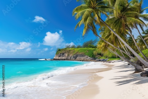 Beautiful beach Anse Lazio at Seychelles - nature background, Beautiful tropical Barbados island. View of the golden beach with palms and crystal clear water, AI Generated