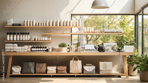 Sustainable Products in Bright Eco Store, eco-friendly store interior is lined with sustainable products on wooden shelves, emphasizing modern minimalism and environmental consciousness