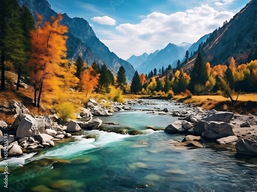 Mountain river in autumn. Colorful autumn landscape in the mountains.