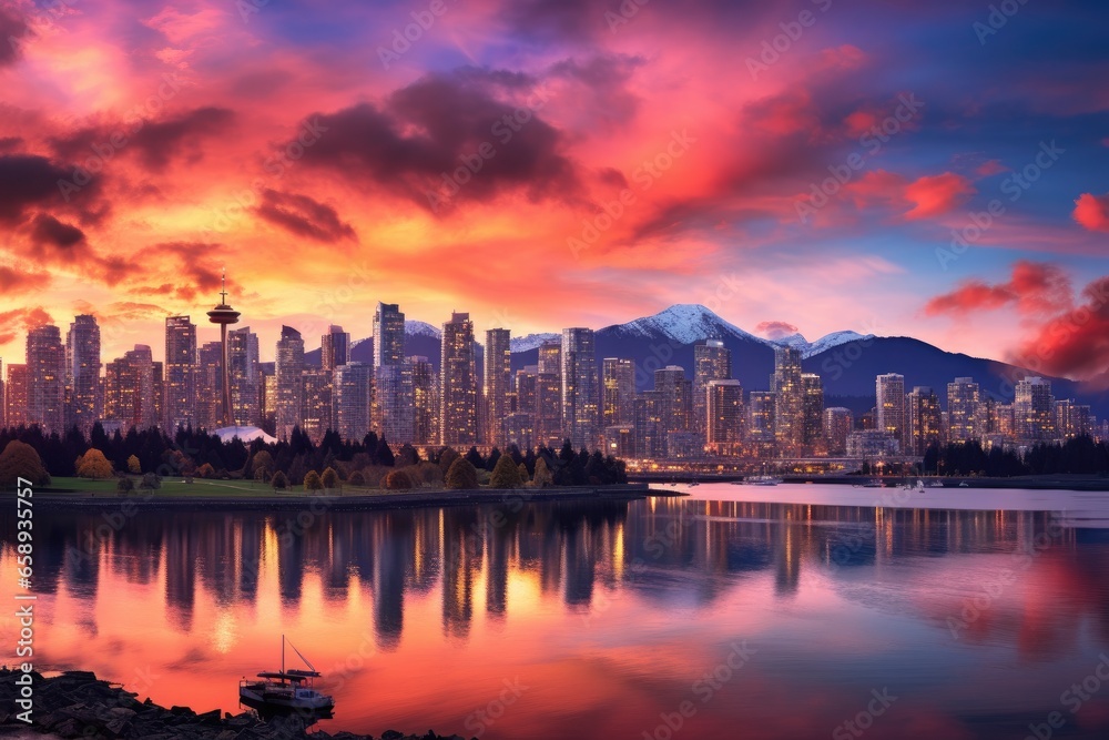 Obraz premium Vancouver Skyline at sunset, Vancouver, America, Beautiful view of downtown Vancouver skyline, British Columbia, Canada, AI Generated