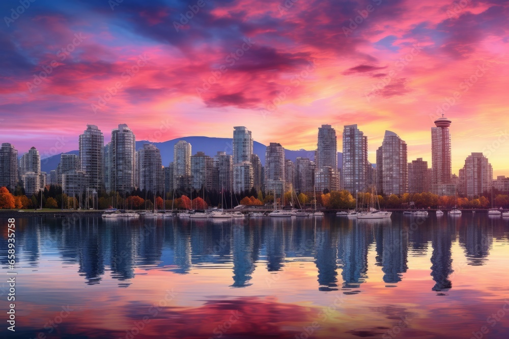 Fototapeta premium Autumn landscape of lake and city with colorful sky at sunset, Beautiful view of downtown Vancouver skyline, British Columbia, Canada, AI Generated