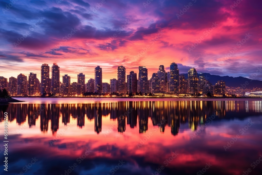 Beautiful sunset in the city with reflection in the lake, Taipei, Taiwan, Beautiful view of downtown Vancouver skyline, British Columbia, Canada, AI Generated
