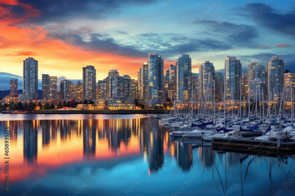 Obraz premium Seoul South Korea city skyline with reflection in the water at sunset, Beautiful view of downtown Vancouver skyline, British Columbia, Canada, AI Generated