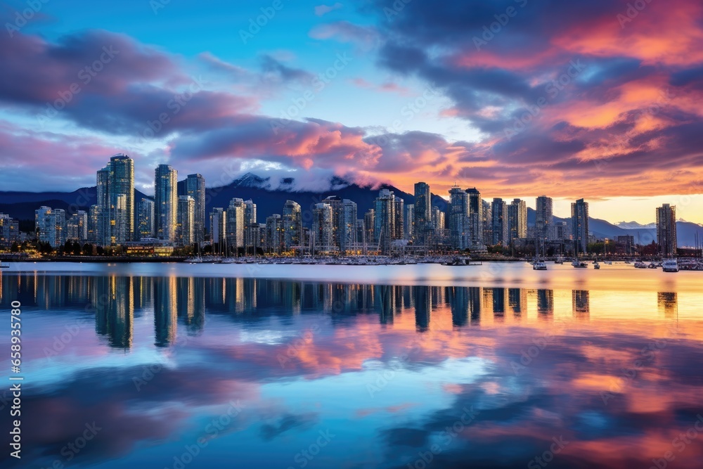 Obraz premium False Creek marina, Vancouver, America, Beautiful view of downtown Vancouver skyline, British Columbia, Canada, AI Generated