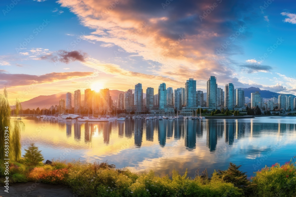 Fototapeta premium Hong Kong city skyline at sunset, Hong Kong, China, Asia, Beautiful view of downtown Vancouver skyline, British Columbia, Canada, AI Generated