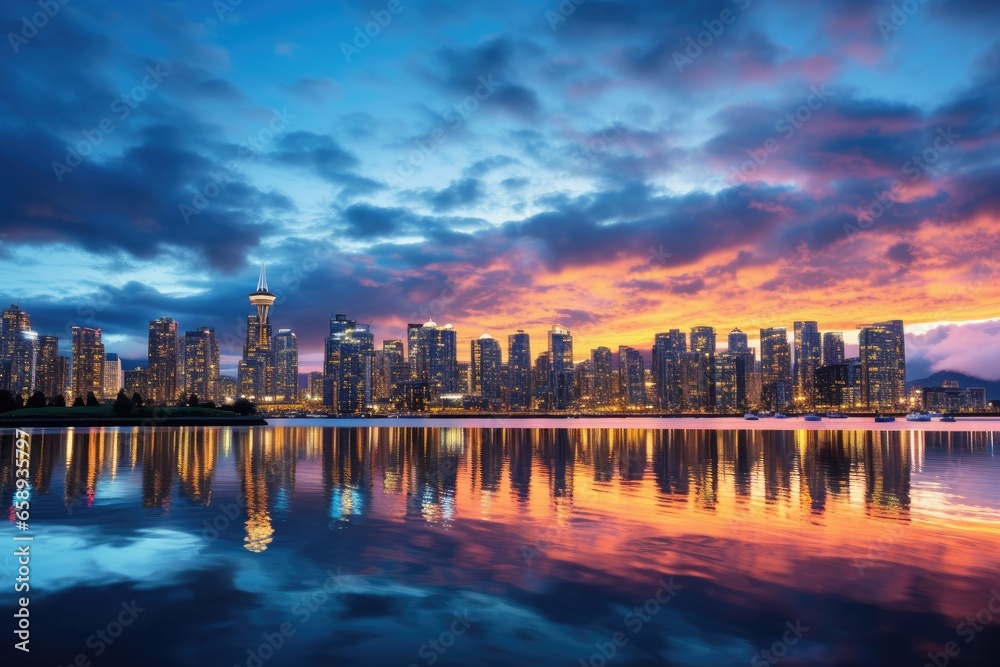 Obraz premium Cityscape of Hong Kong at sunset with reflection in the water, Beautiful view of downtown Vancouver skyline, British Columbia, Canada, AI Generated
