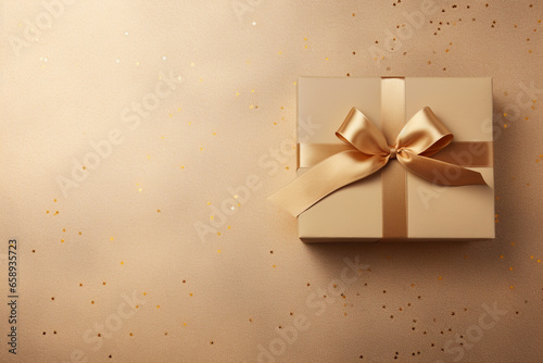 luxury golden Christmas present with a golden ribbon on a metallic background for Christmas © World of AI