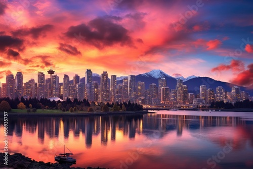 Vancouver Skyline at sunset, Vancouver, America, Beautiful view of downtown Vancouver skyline, British Columbia, Canada, AI Generated