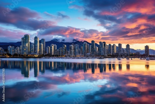 False Creek marina, Vancouver, America, Beautiful view of downtown Vancouver skyline, British Columbia, Canada, AI Generated
