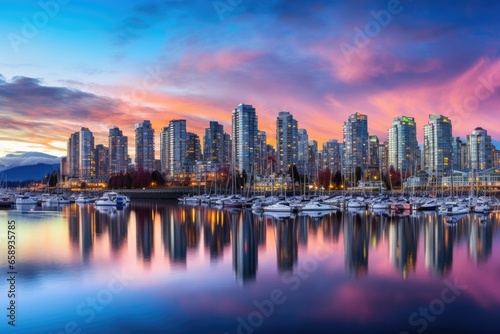 Panoramic view of Vancouver, British Columbia, Canada at sunset, Beautiful view of downtown Vancouver skyline, British Columbia, Canada, AI Generated