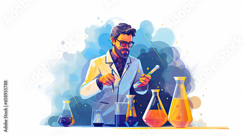 Scientist with beard and glasses, wearing a white lab coat and suit underneath conducts experiments for work, research or teaching. Illustration on white background. © PicturePerfect