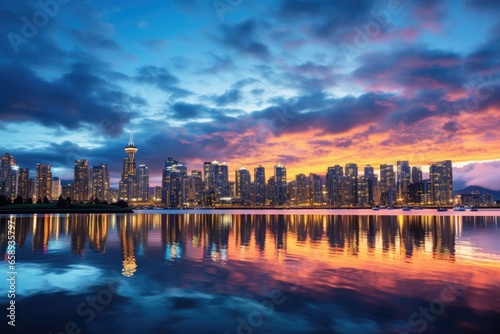 Cityscape of Hong Kong at sunset with reflection in the water, Beautiful view of downtown Vancouver skyline, British Columbia, Canada, AI Generated