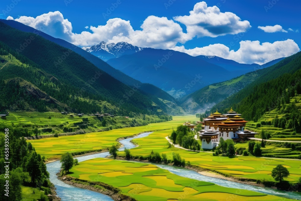 Terraced rice field landscape in Sichuan, China, Bhutan, Tashichho Dzong in Thimphu. Surrounded by yellow rice fields, River and mountains, AI Generated - obrazy, fototapety, plakaty 