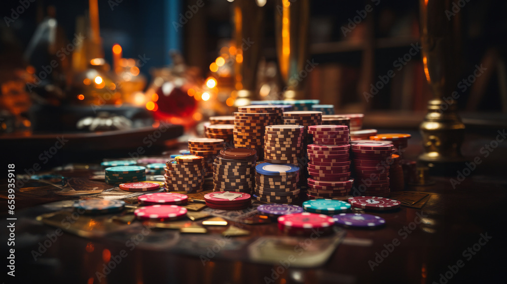 Stacks of poker chips. In a casino. Gambling theme. Winning money. Taking a risk. Risky strategy. Going all in. Betting the farm. Stacks of poker chips. In a casino. Gambling theme. Winning money. Taking a risk. Risky strategy. Going all in. Betting the farm.