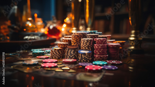 Stacks of poker chips. In a casino. Gambling theme. Winning money. Taking a risk. Risky strategy. Going all in. Betting the farm.