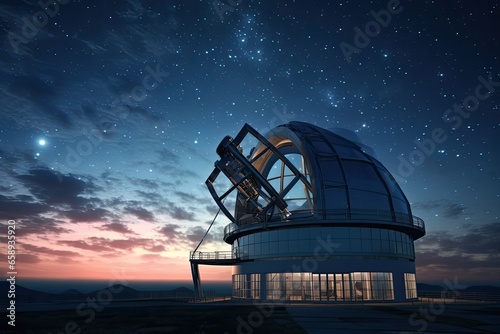 Astronomical observatory in the night. 3D rendering, Big astronomical telescope under a twilight sky ready for stargazing, AI Generated