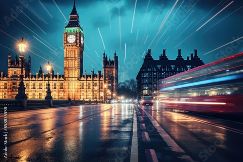 Big Ben at night, London, UK. Long exposure shot, Big Ben and the Houses of Parliament at night in London, UK, AI Generated photo