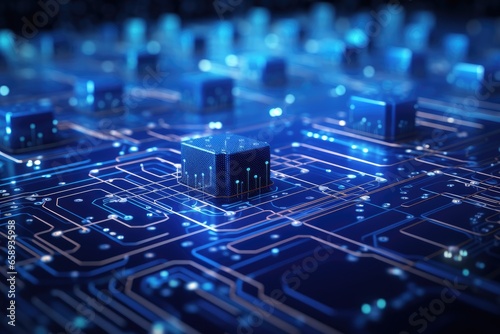 Circuit board with microchips and connections. 3d rendering, Big data flow with cyber blockchain on a circuit board with blue network system, AI Generated
