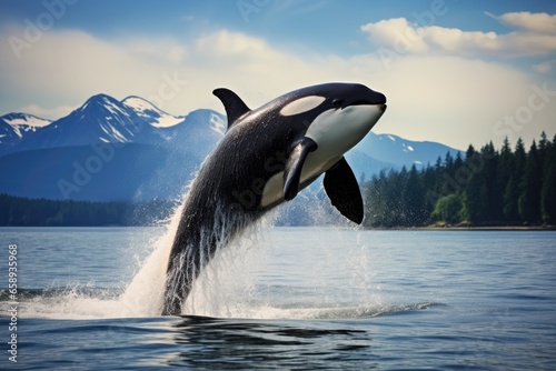 Orca killer whale jumping out of water. Alaska, USA, Big orca whale jumping out of the sea, AI Generated