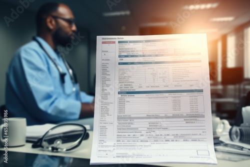 Close up of a medical report on a table with a doctor in the background, billing statement for medical service in doctor's office background, AI Generated photo