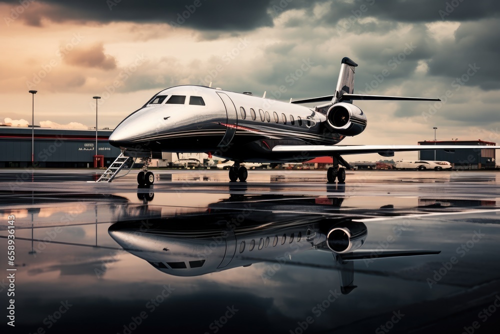 Private jet on the runway in the airport. 3d rendering. Business jet in airport, AI Generated