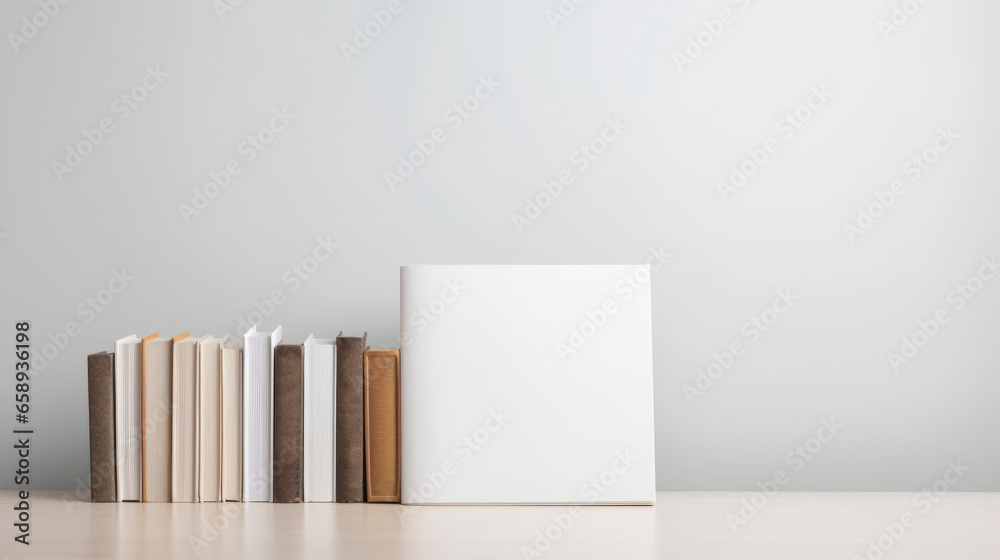 A row of books with hidden spines on a table. The books are in different colors and sizes. has a white wall behind it. - obrazy, fototapety, plakaty 