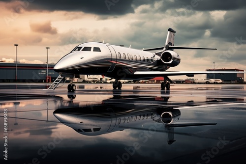 Private jet on the runway in the airport. 3d rendering. Business jet in airport, AI Generated © Iftikhar alam