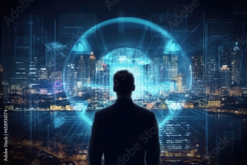 Rear view of businessman against night cityscape with glowing business interface, Business with technology. Concepts of surveillance and security scanning of digital program cyber, AI Generated