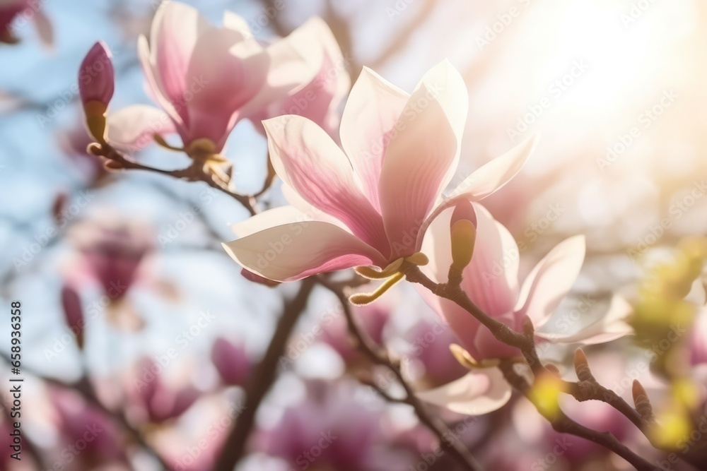 Magnolia blooming flowers sun. Petals purity. Generate Ai