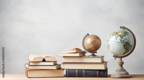 A stack of books and a globe on a wooden desk. The books are colorful and of different sizes. The globe is on a wooden stand and is tilted. The background is a gray wall.
