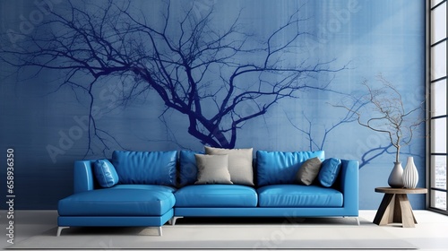 blue sofas against window in classic room. Interior design of modern living room