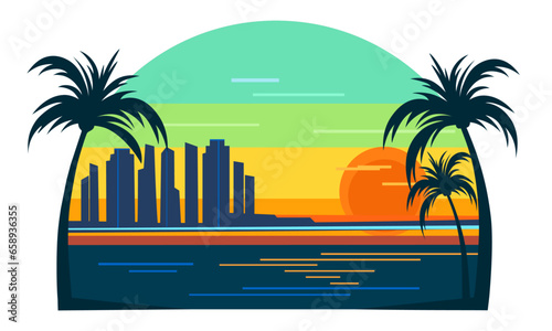 Emblem of tropical resort holiday and travel. Palm trees and sea bay with a modern city on the horizon against the sunset sky. Flat vector illustration isolated on white background.