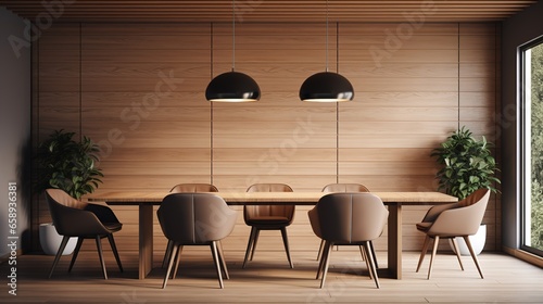 wooden chairs and round coffee table against wood paneling wall