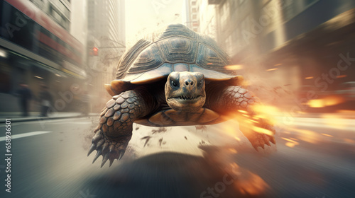A turtle moving at an exceptionally high speed on a bustling city street