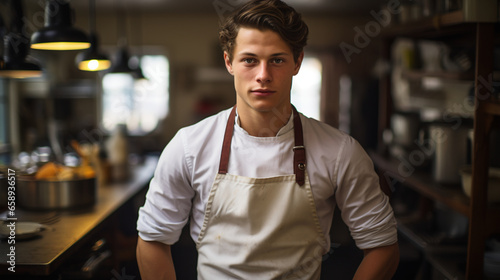 Chef's Pride in a Professional Kitchen, young, confident chef stands in a professional kitchen, his posture reflecting the passion and dedication he brings to the culinary arts