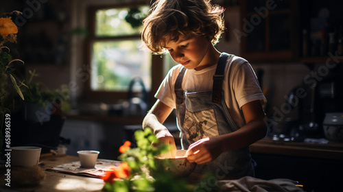 Child Cooking in Home Kitchen with Sunlight, young boy enjoys cooking in a home kitchen, bathed in natural sunlight that adds warmth to the homely scene. photo