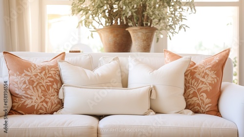 Close up of fabric sofa with white and terra cotta pillows © LELISAT