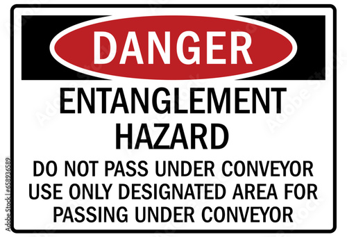Conveyor warning sign and labels entanglement hazard. Do not pass under conveyor. Use only designated area for passing under conveyor