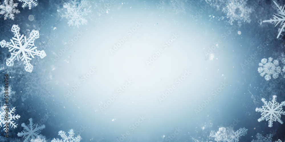 Frame made of snow with snowflakes and ice crystals on blue background, top view with space for text Frame made of snow with snowflakes and ice crystals on blue background, top view with space for text