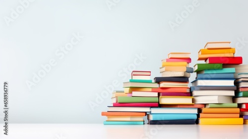 A row of books on a white table with their spines hidden. The books are in different colors and sizes. The table is white and has a white wall behind it.