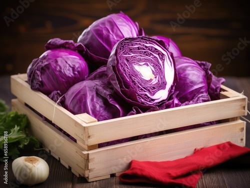 Freshly harvested Red Cabbage in a wooden box held by a farmer, close-up shot
