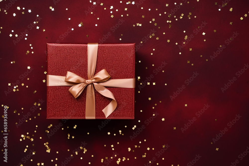 luxury dark red Christmas present with a golden ribbon on a dark red background for Christmas
