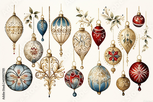 Set of pretty decorated red cream blue and gold hand painted watercolor style, Christmas ornament baubles isolated on white background