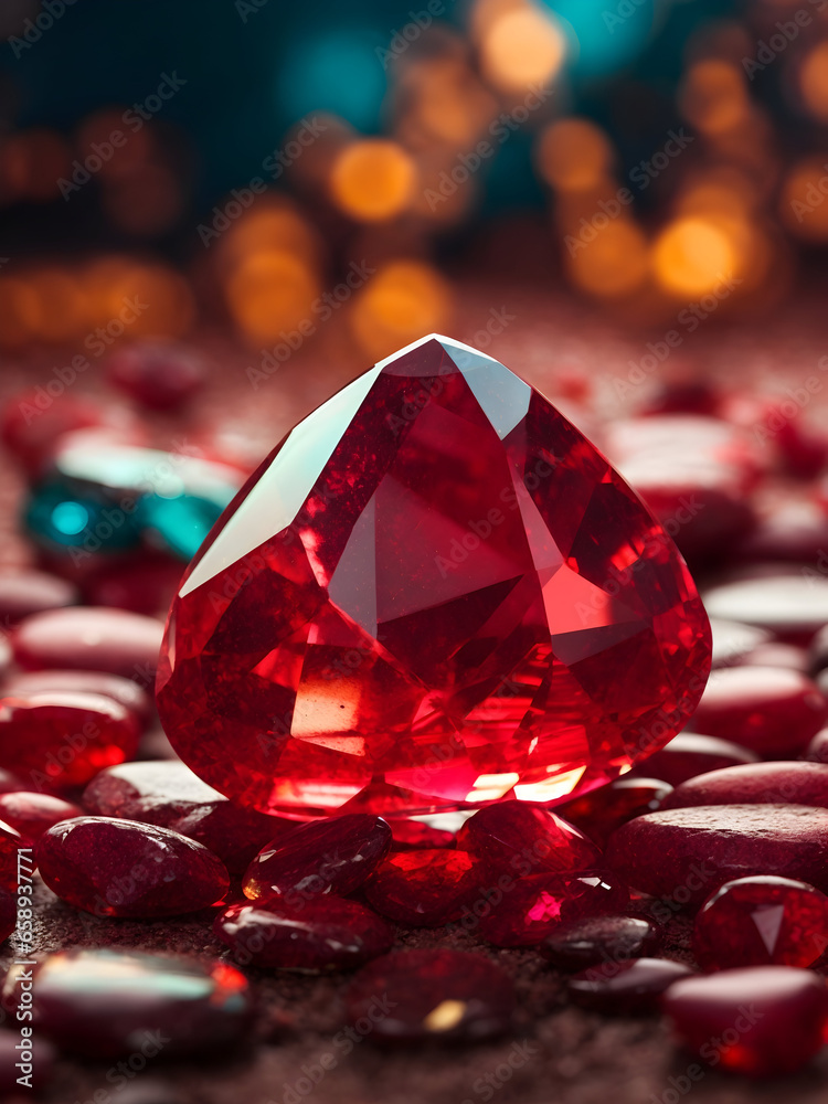Ruby cystal stones in red color on bokeh background. Love and healing stones. Ruby cystal stones in red color on bokeh background. Love and healing stones.